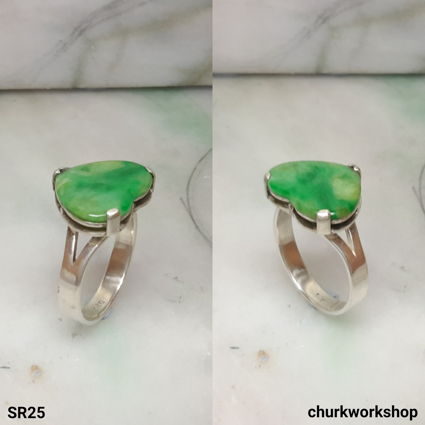 Green heart jade silver ring, heart jade ring