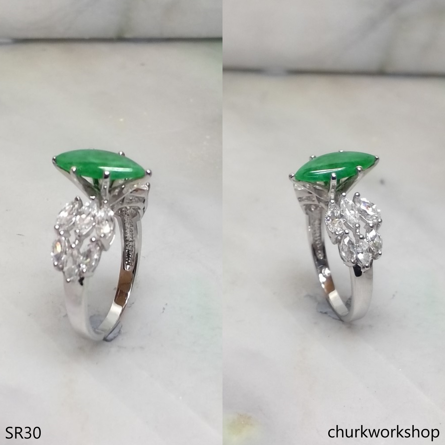 Silver green marquise jade ring