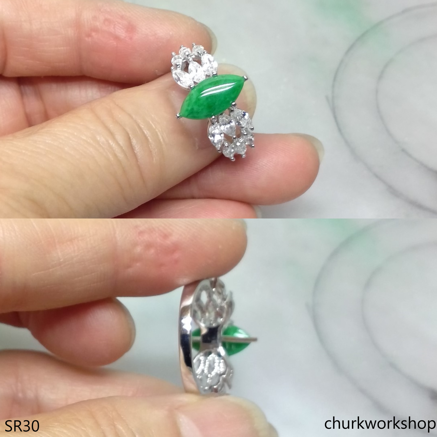 Silver green marquise jade ring