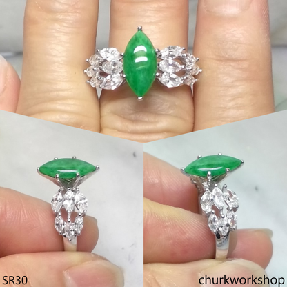 Silver green marquise jade ring