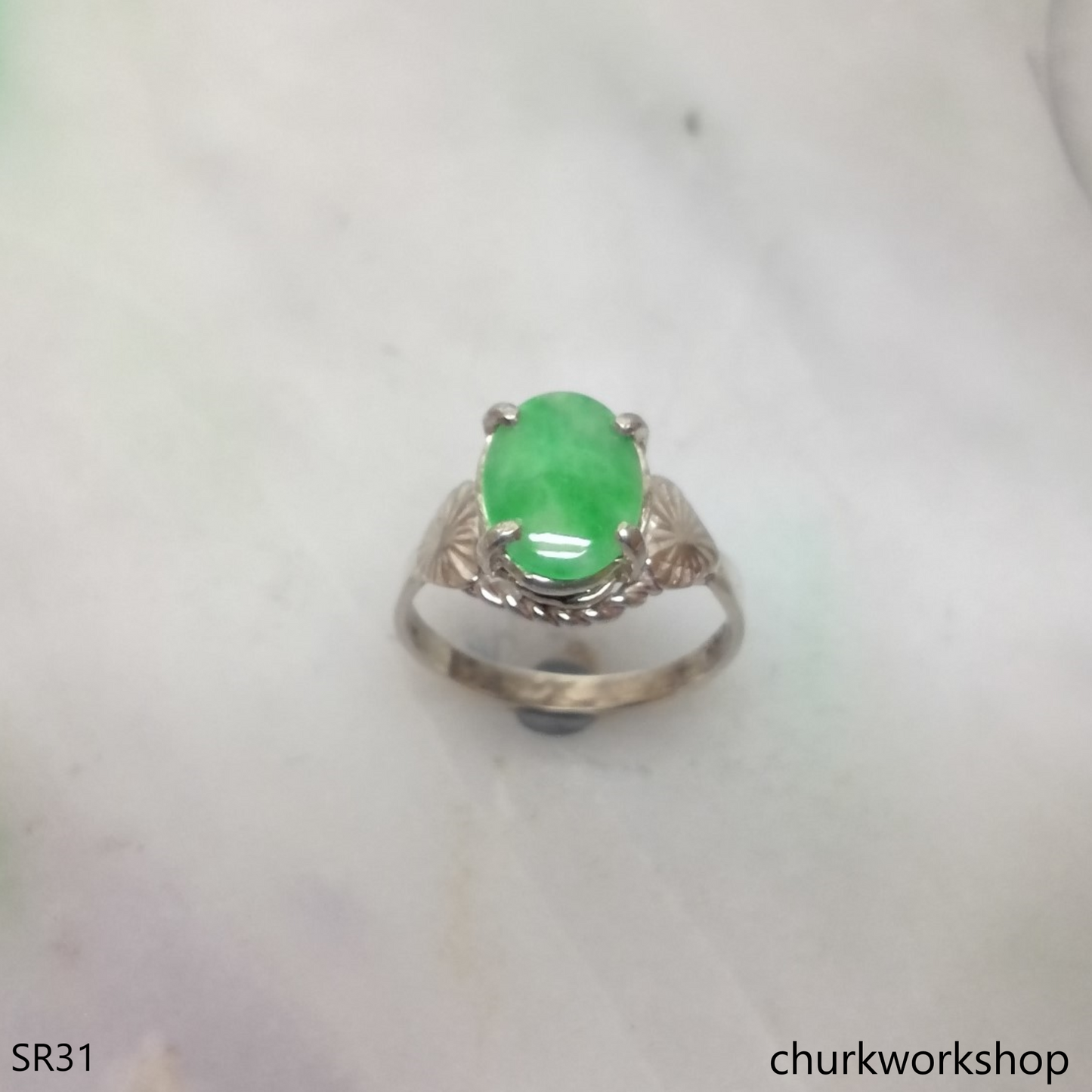Silver green oval jade ring