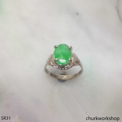 Silver green oval jade ring