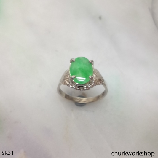 Silver green oval jade ring