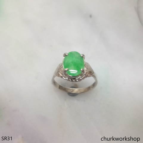 Silver green oval jade ring