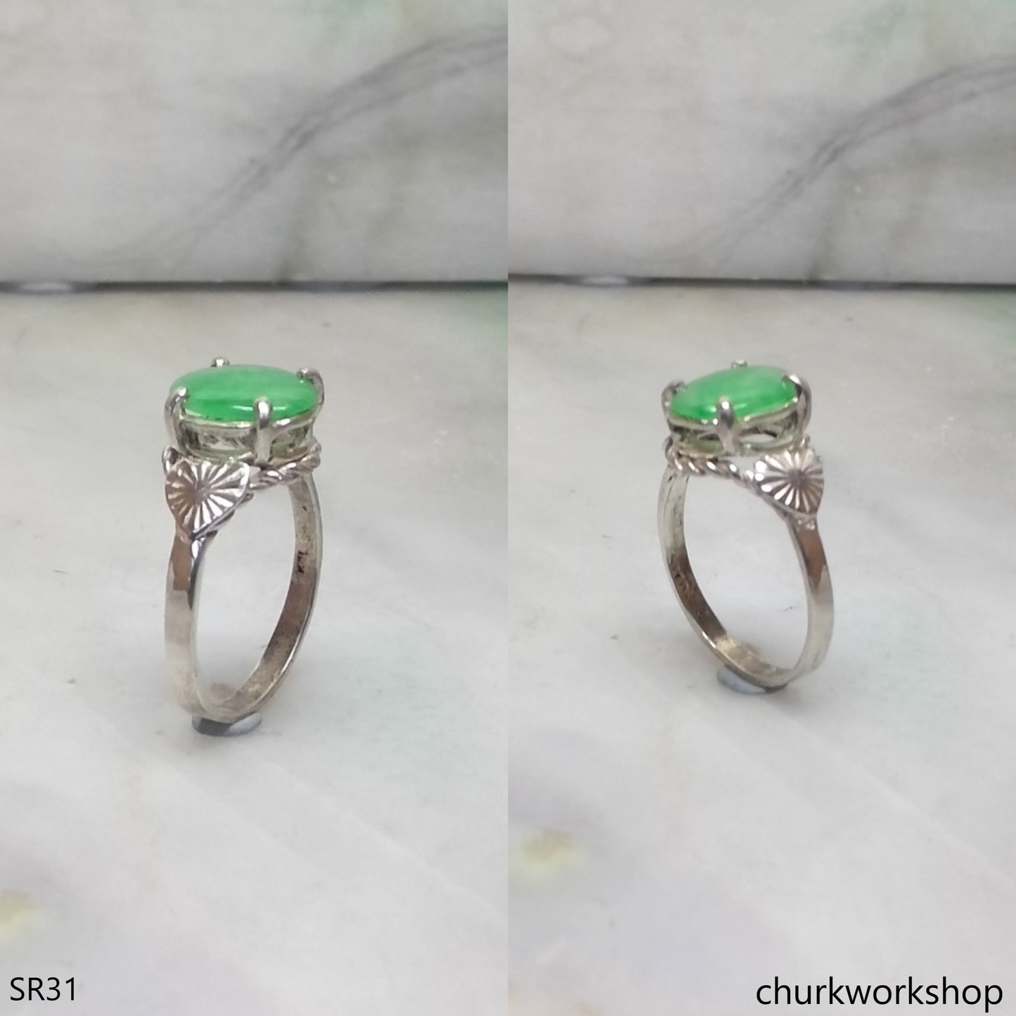 Silver green oval jade ring