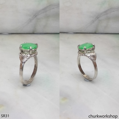 Silver green oval jade ring