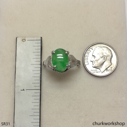 Silver green oval jade ring