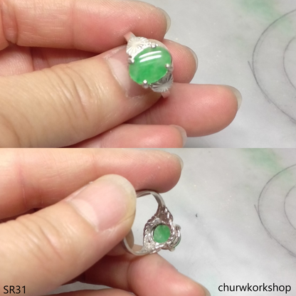 Silver green oval jade ring