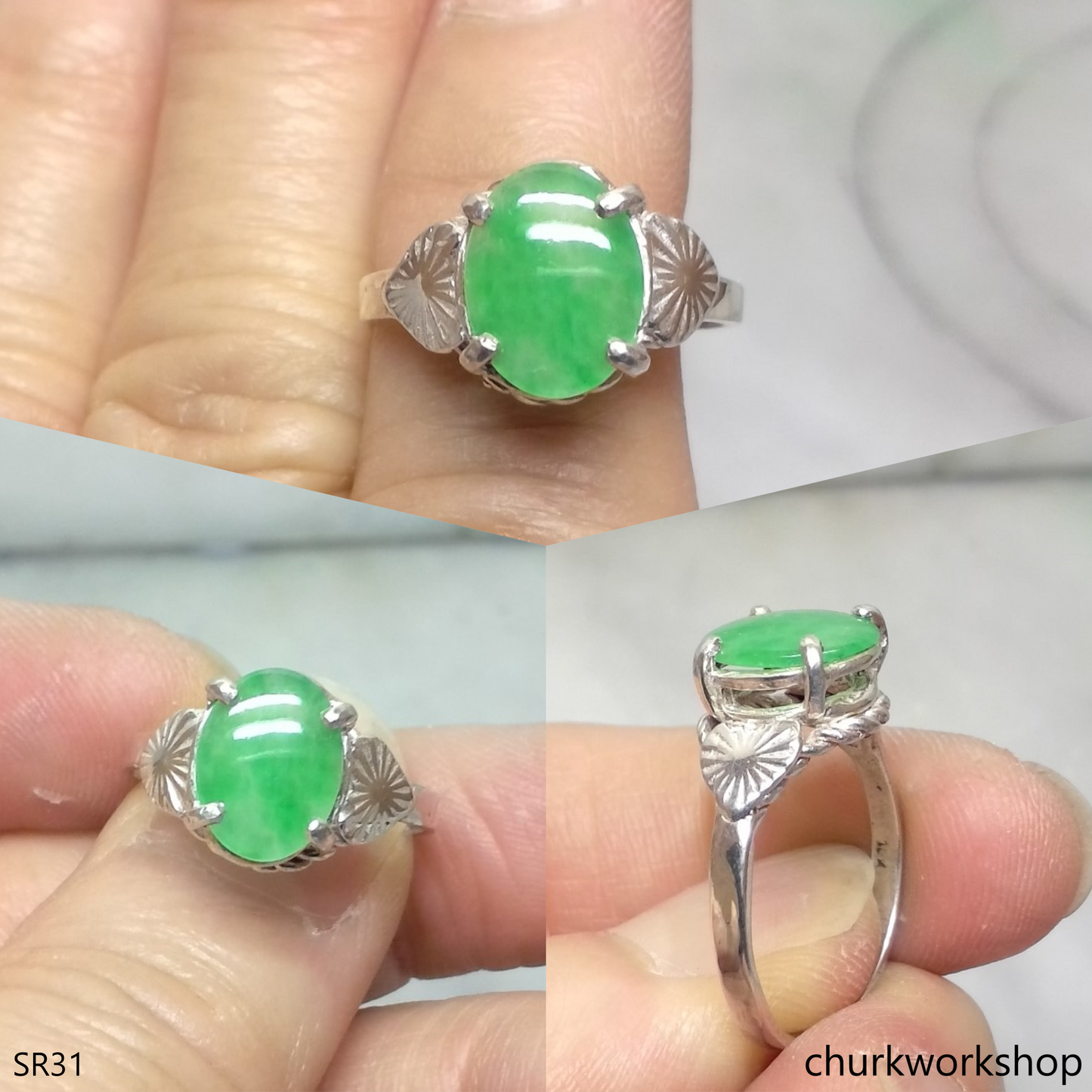 Silver green oval jade ring