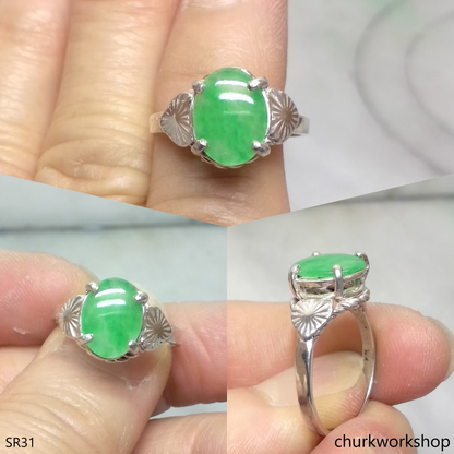 Silver green oval jade ring