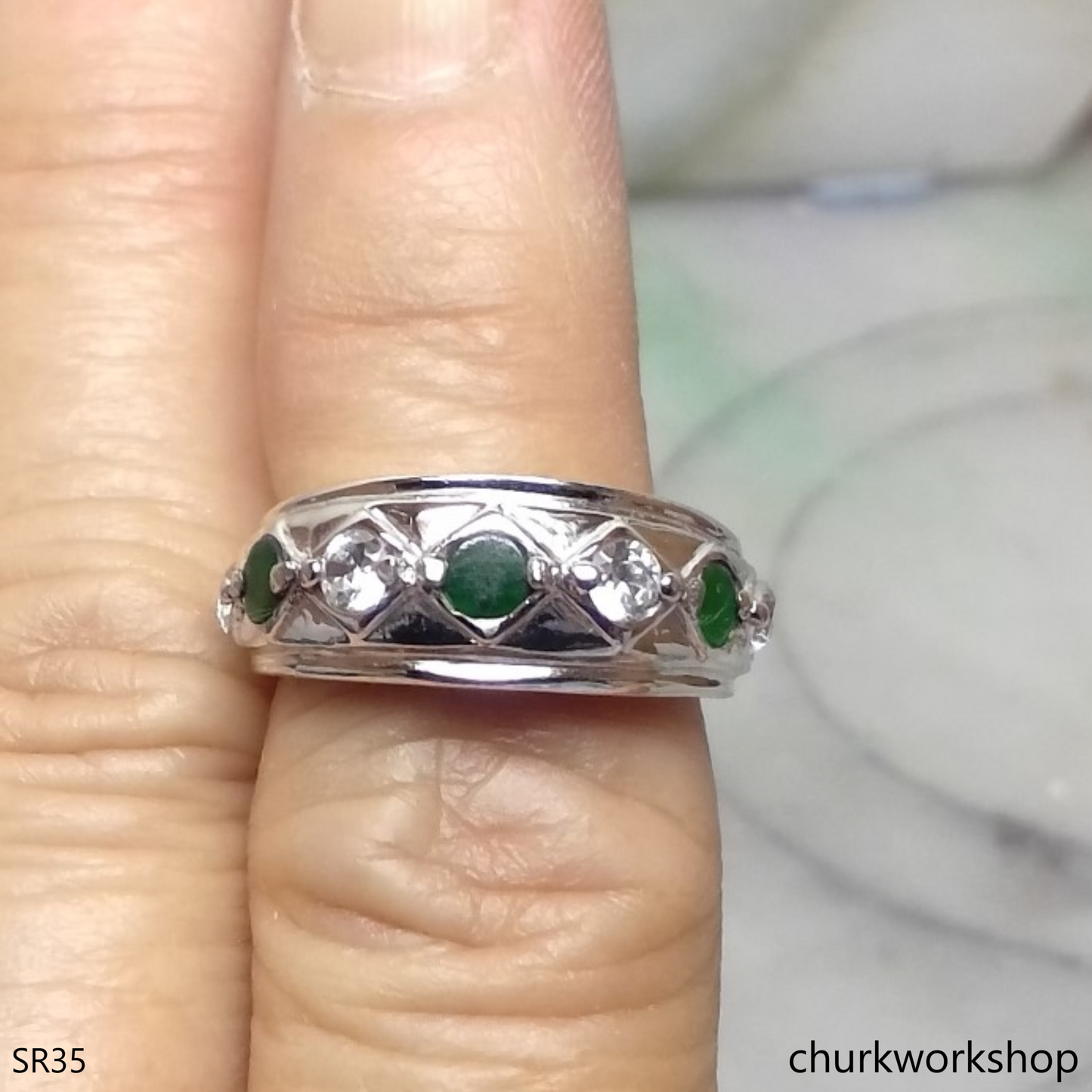 Small green jade & CZ band