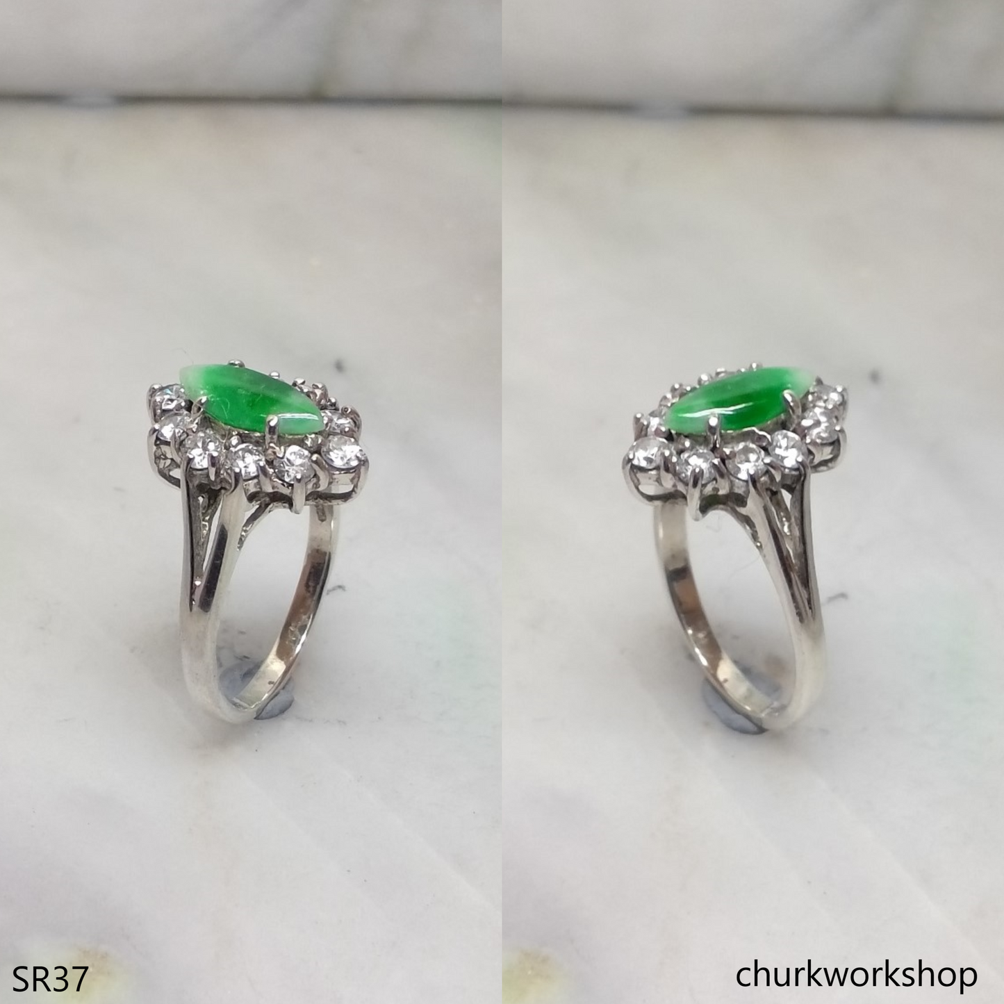 Silver green marquise jade ring