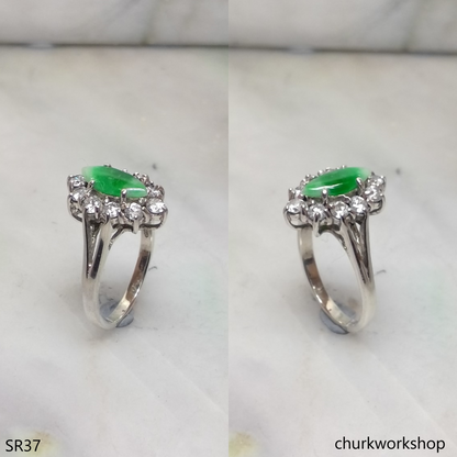 Silver green marquise jade ring