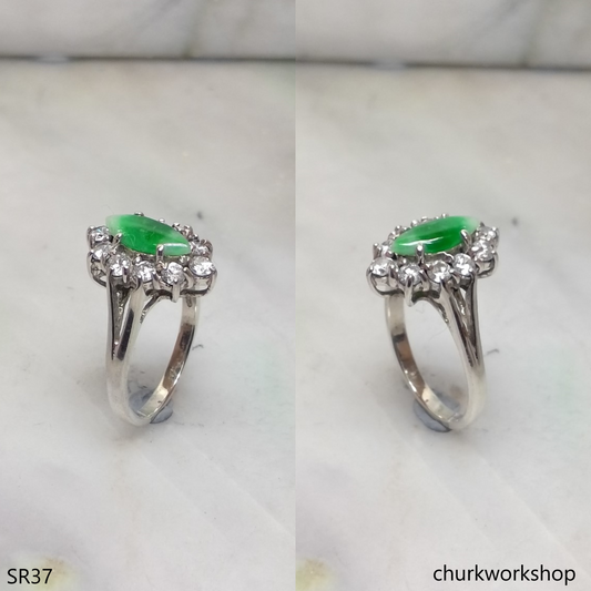 Silver green marquise jade ring