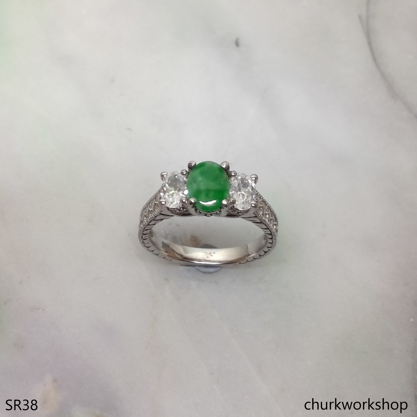 Silver green jade ring