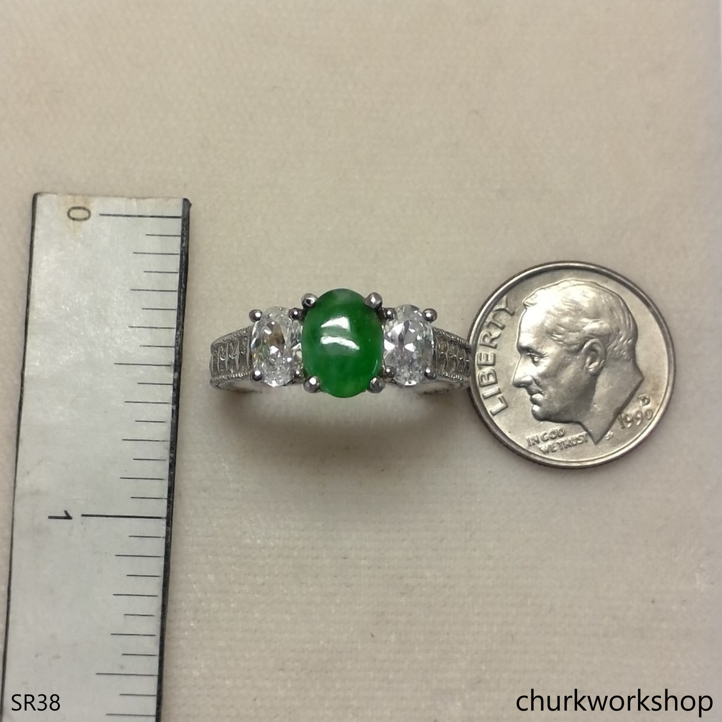 Silver green jade ring