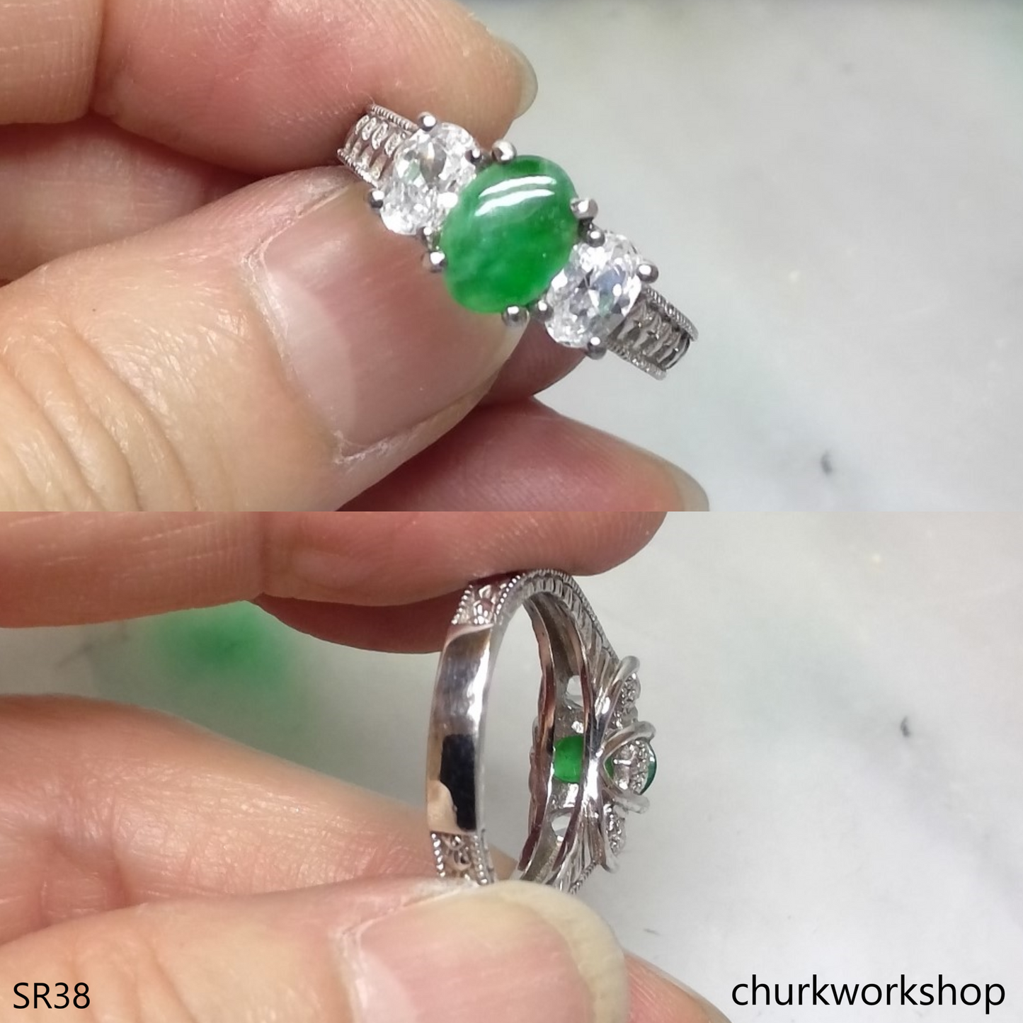 Silver green jade ring