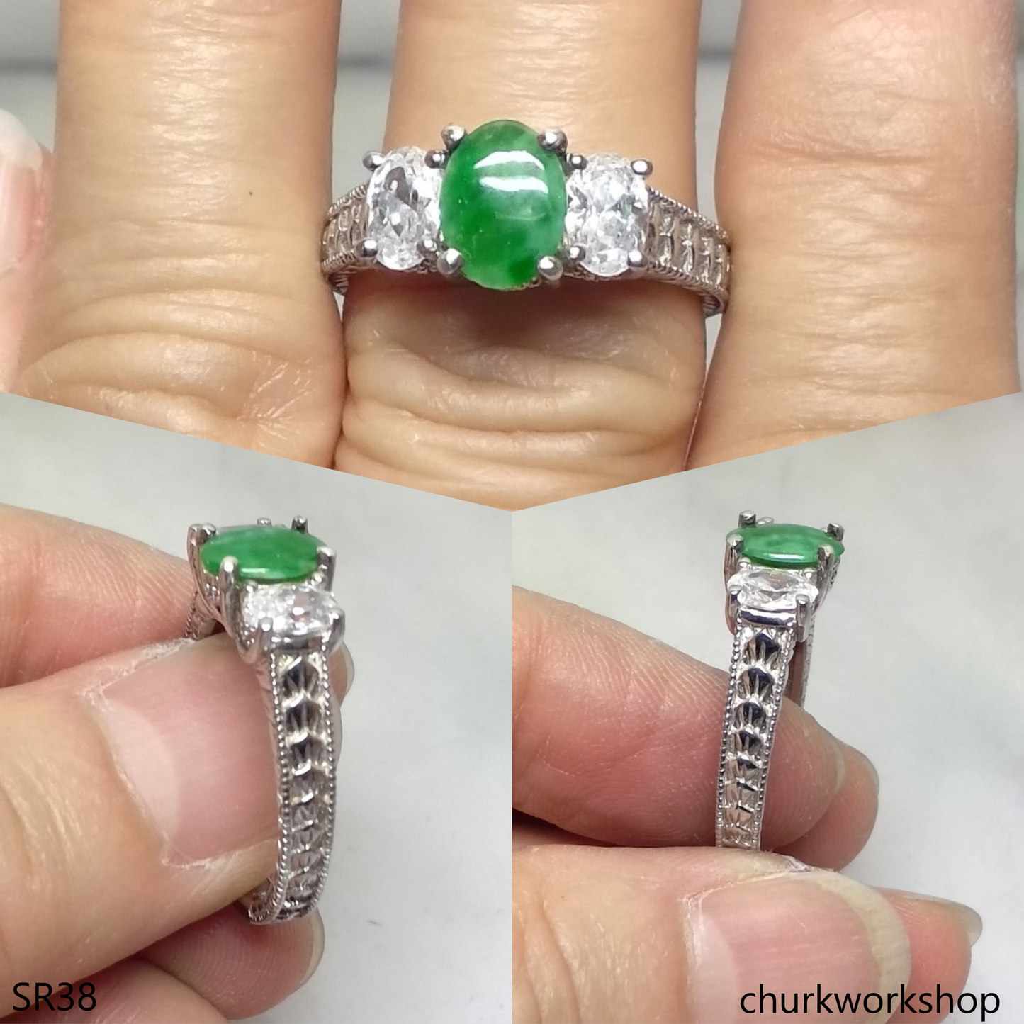 Silver green jade ring
