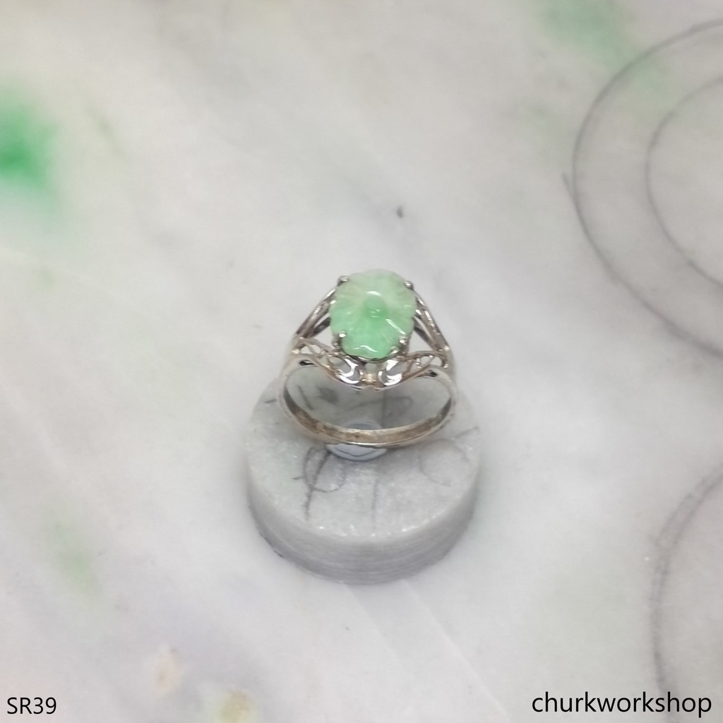 Silver light green flower jade ring
