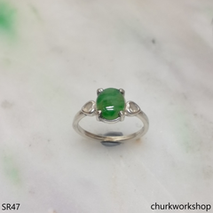 Silver molt green oval jade ring