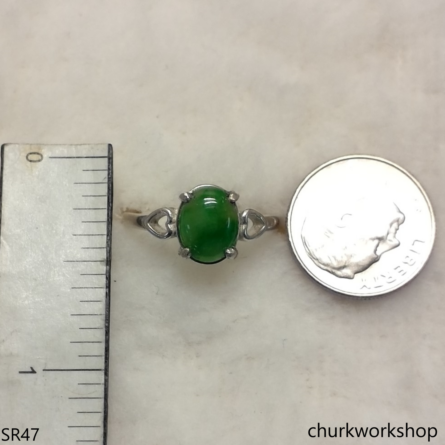 Silver molt green oval jade ring