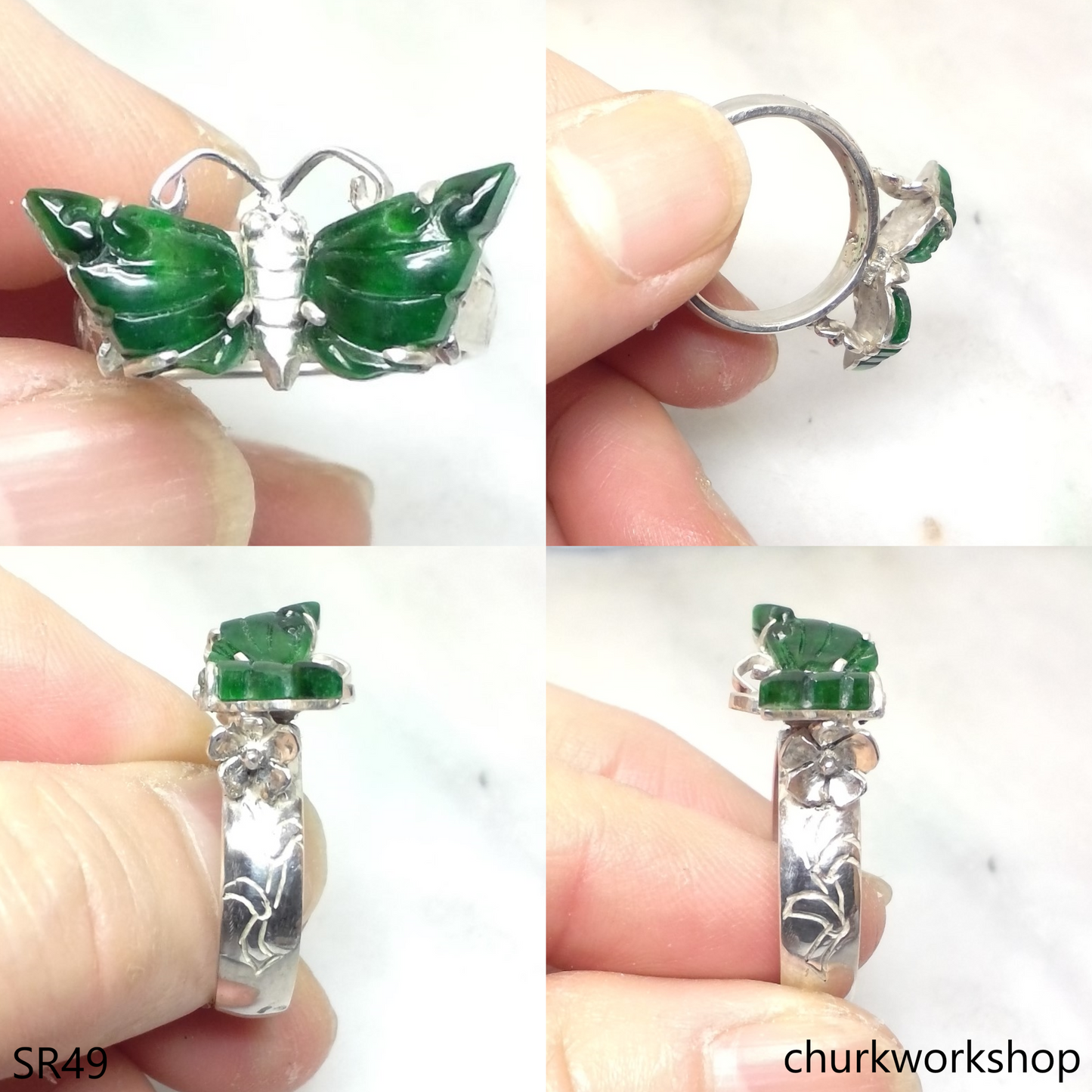 Silver jade butterfly ring
