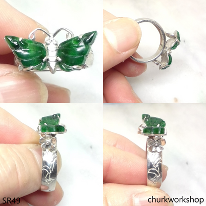 Silver jade butterfly ring