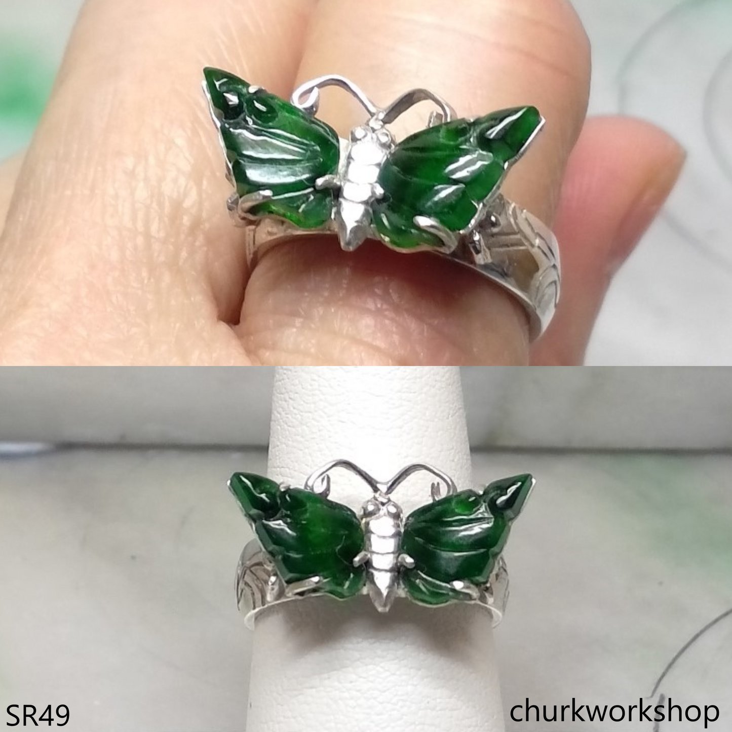 Silver jade butterfly ring