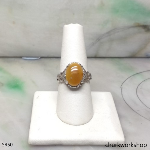 Oval yellow jade silver ring