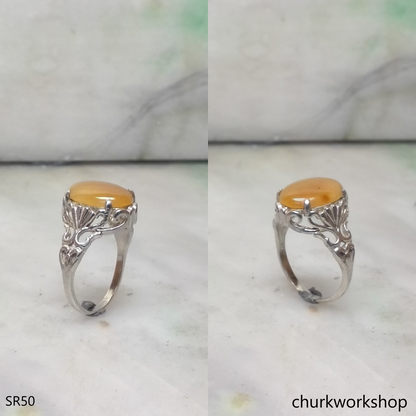 Oval yellow jade silver ring