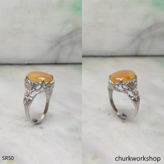 Oval yellow jade silver ring