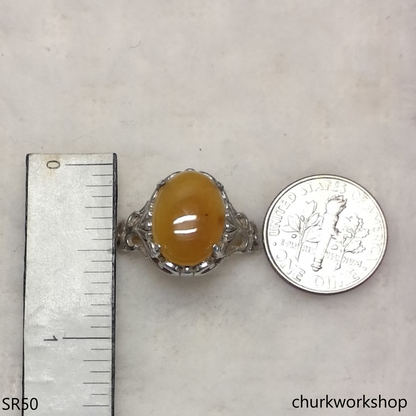Oval yellow jade silver ring