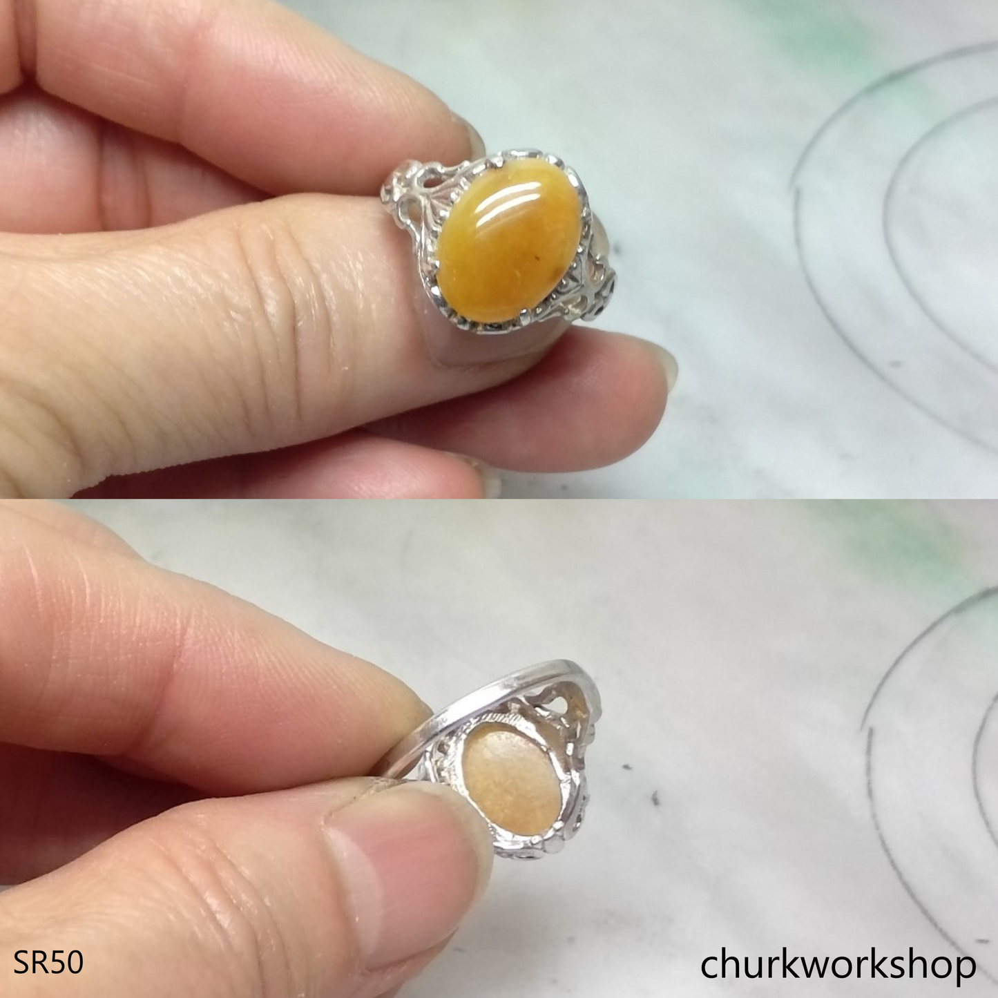 Oval yellow jade silver ring