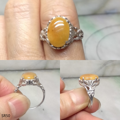 Oval yellow jade silver ring