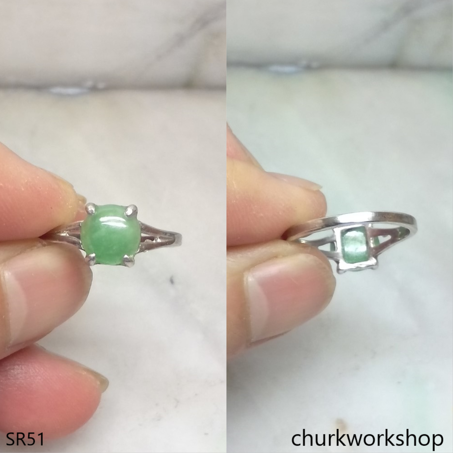 Green half bead jade ring sterling silver