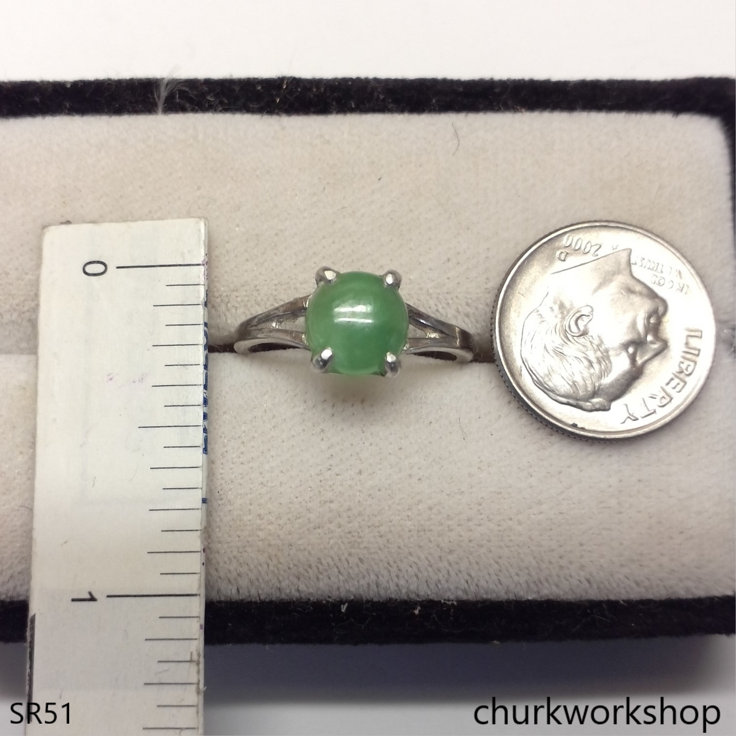 Green half bead jade ring sterling silver