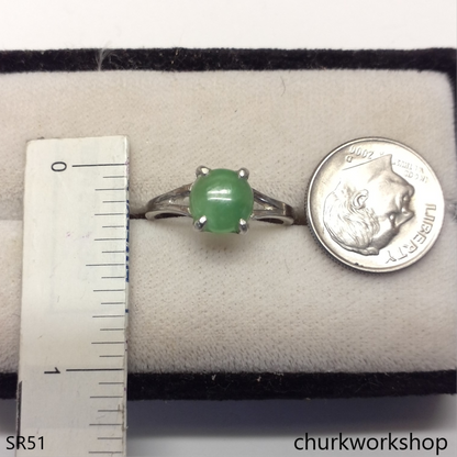 Green half bead jade ring sterling silver