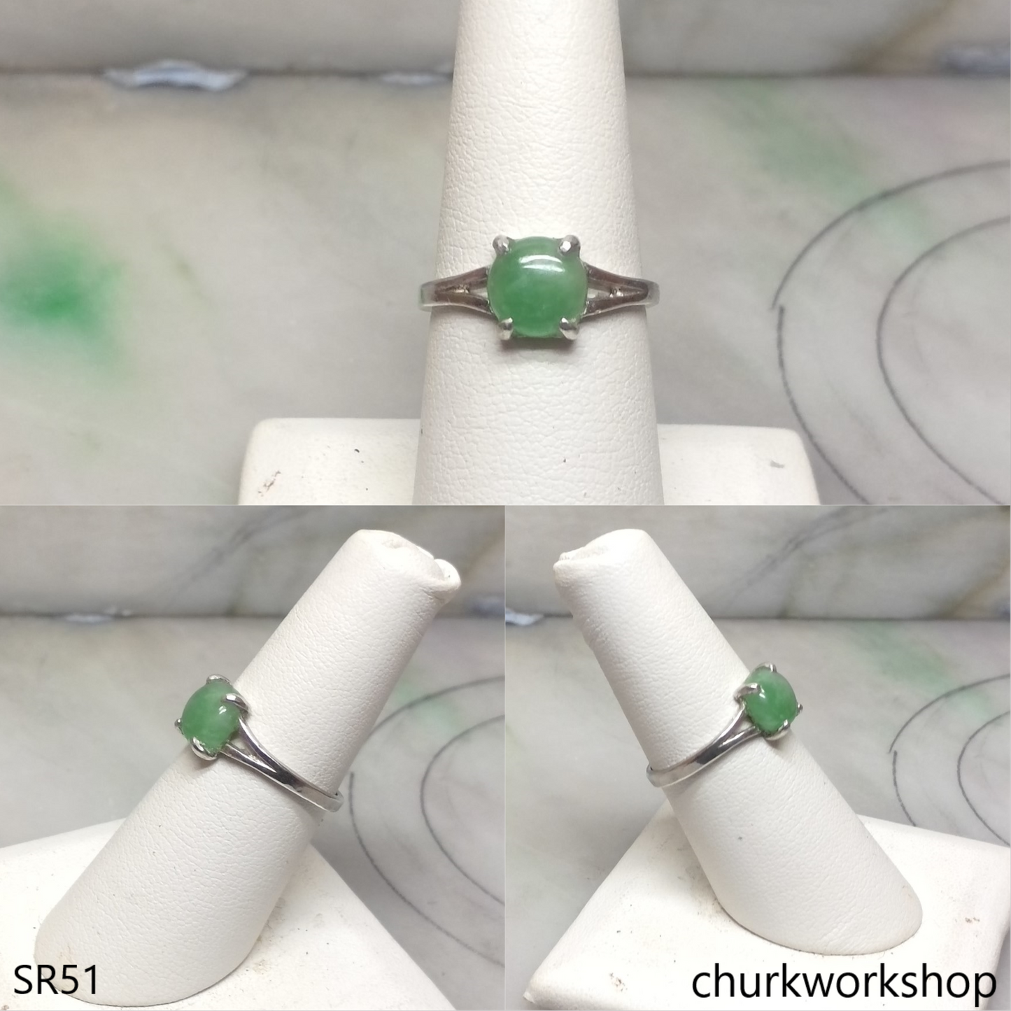 Green half bead jade ring sterling silver