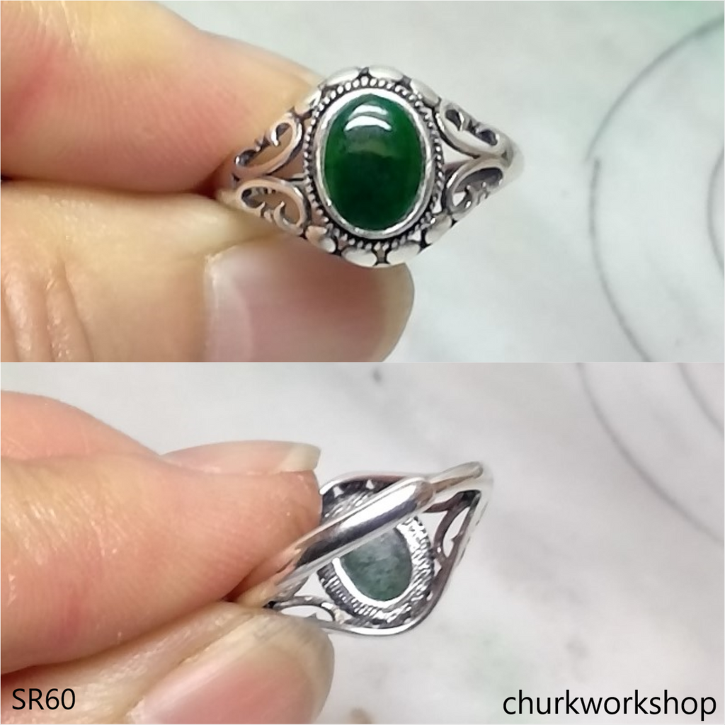Aana Silver Plated Circle Design Green Color Artificial Stone Finger Ring