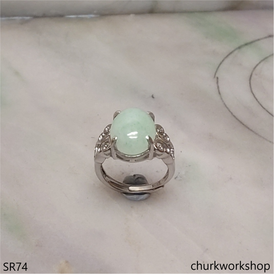Light green jade oval sterling silver ring