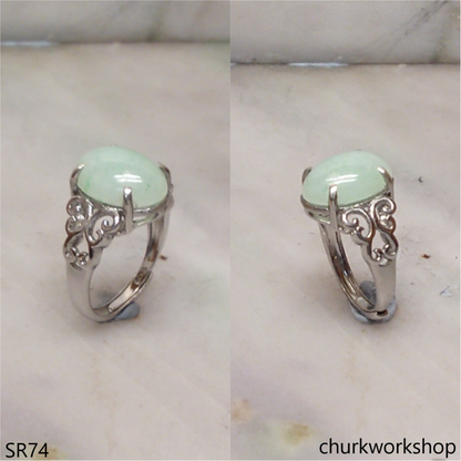 Light green jade oval sterling silver ring