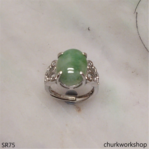 Green jade oval sterling silver ring