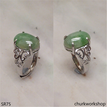 Green jade oval sterling silver ring
