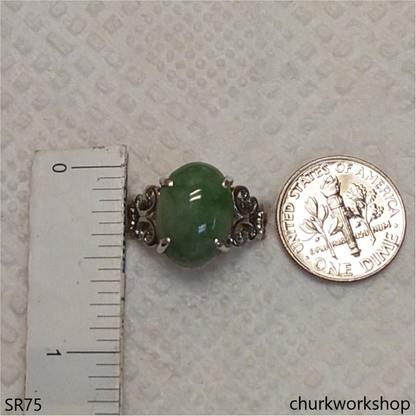 Green jade oval sterling silver ring