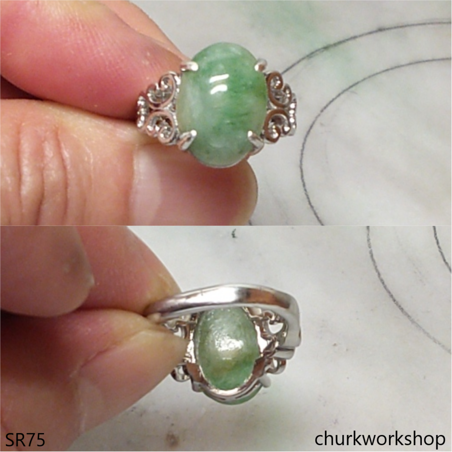 Green jade oval sterling silver ring