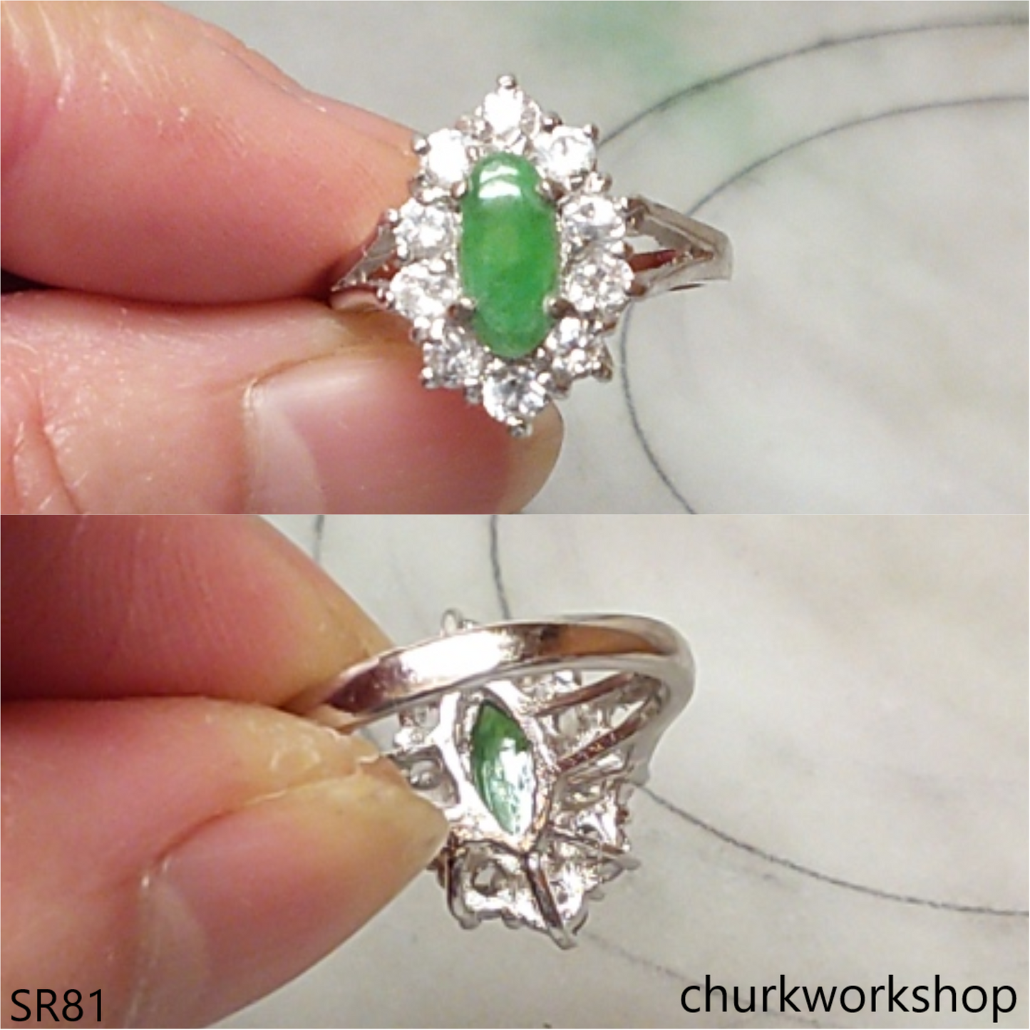 Silver green marquise jade ring