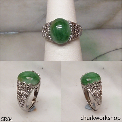 Green jade oval sterling silver ring