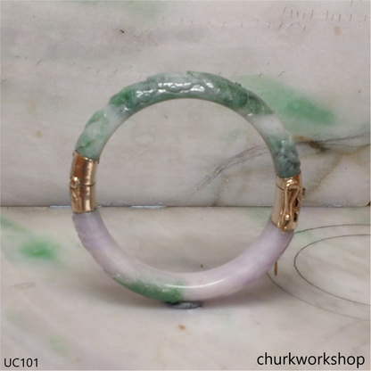 Lavender mix green jade 14K yellow gold hinge bangle