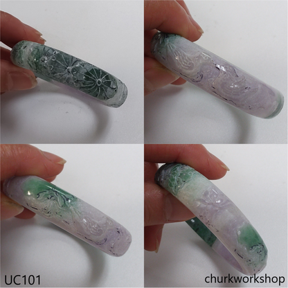 Lavender mix green jade 14K yellow gold hinge bangle