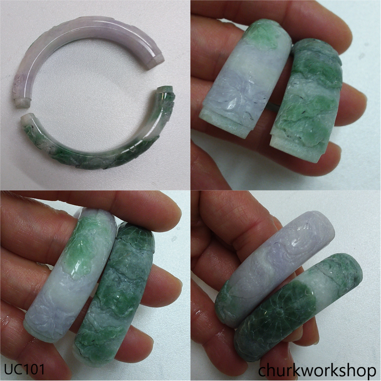 Lavender mix green jade 14K yellow gold hinge bangle